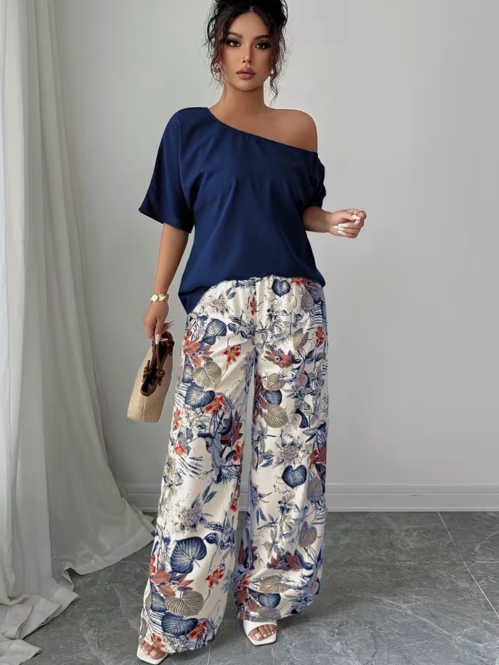 Floral White Wide-Leg Pants & Matching Top Duo ✨New